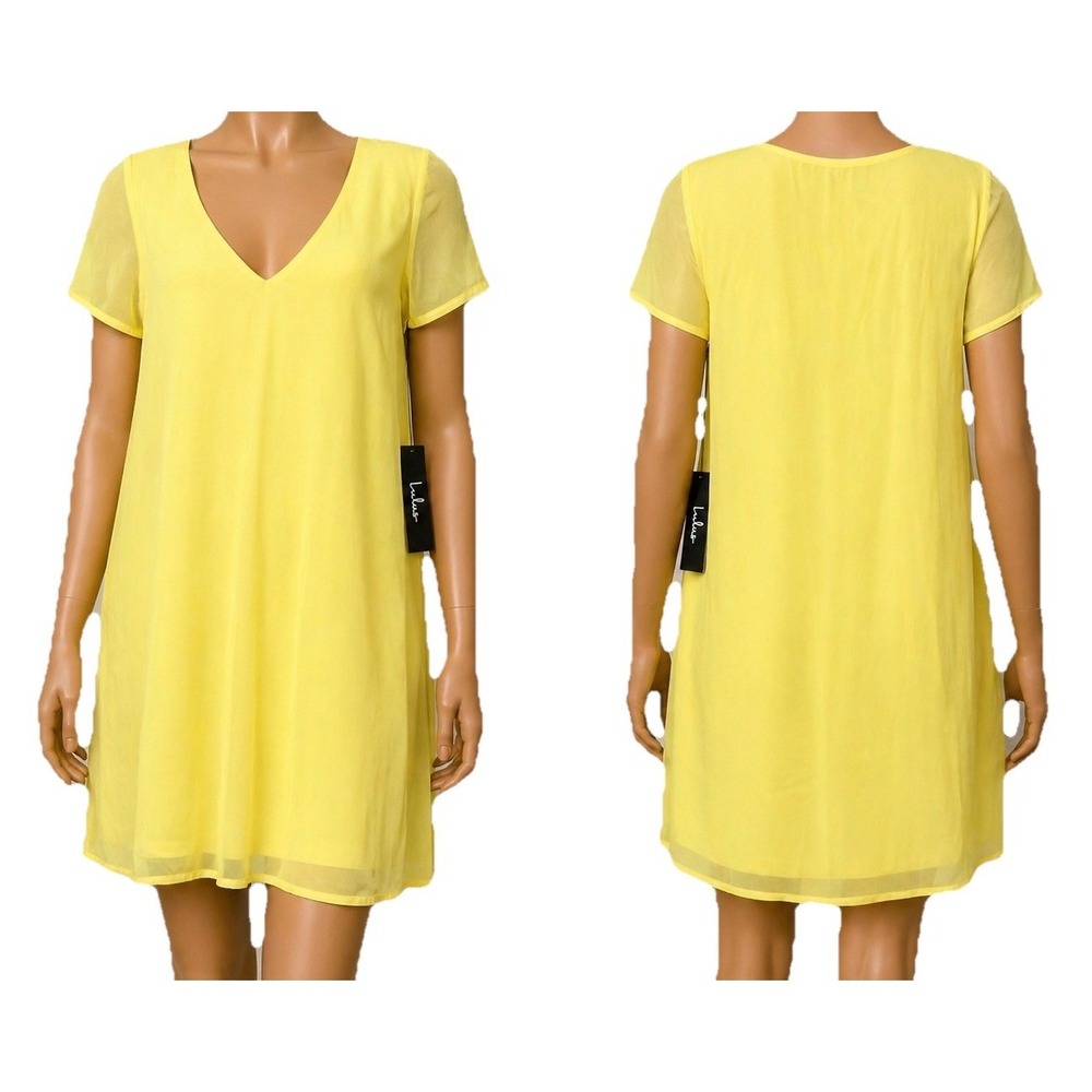 Lulus Freestyle Chiffon Shift Dress Womens XS Mustard Yellow Lined Preppy V-Neck